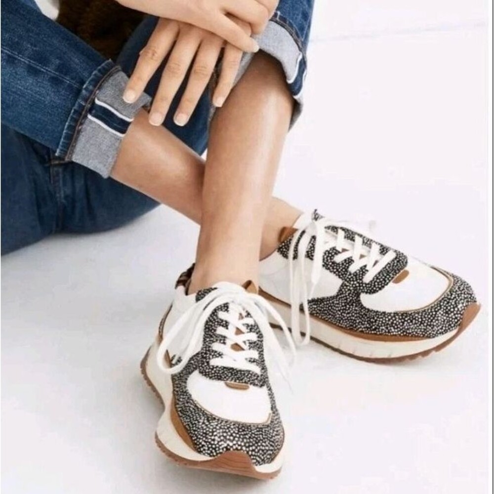 Madewell Kickoff Trainer Sneakers in Leather and Spot Mix Calf Hair 6.5 sporty